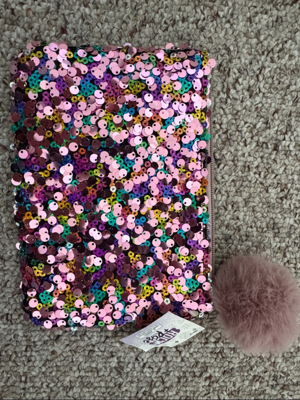 Wild Rose Pink Multicolor Sequin Pouch with Mauve Pom 6” x 8”
